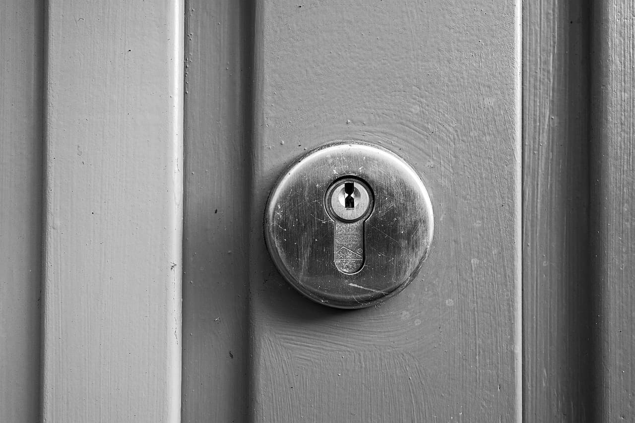 A euro cylinder lock in a grey door